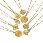 Gold color / 1 Piece Classic Retro Style Round Shape Stainless Steel  Gold Color Inlay Natural Stones Women's Pendant Necklaces 